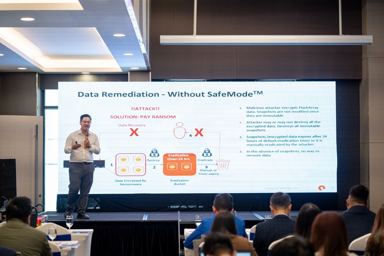 Ông Phạm Thái Sơn, Presales Specialist của VietSunshine đã giới thiệu một cách tiếp cận mang tính quyết định: bảo vệ dữ liệu bằng cách gia cố khả năng Cyber Recovery trực tiếp tại tầng lưu trữ – vận hành của hệ thống.