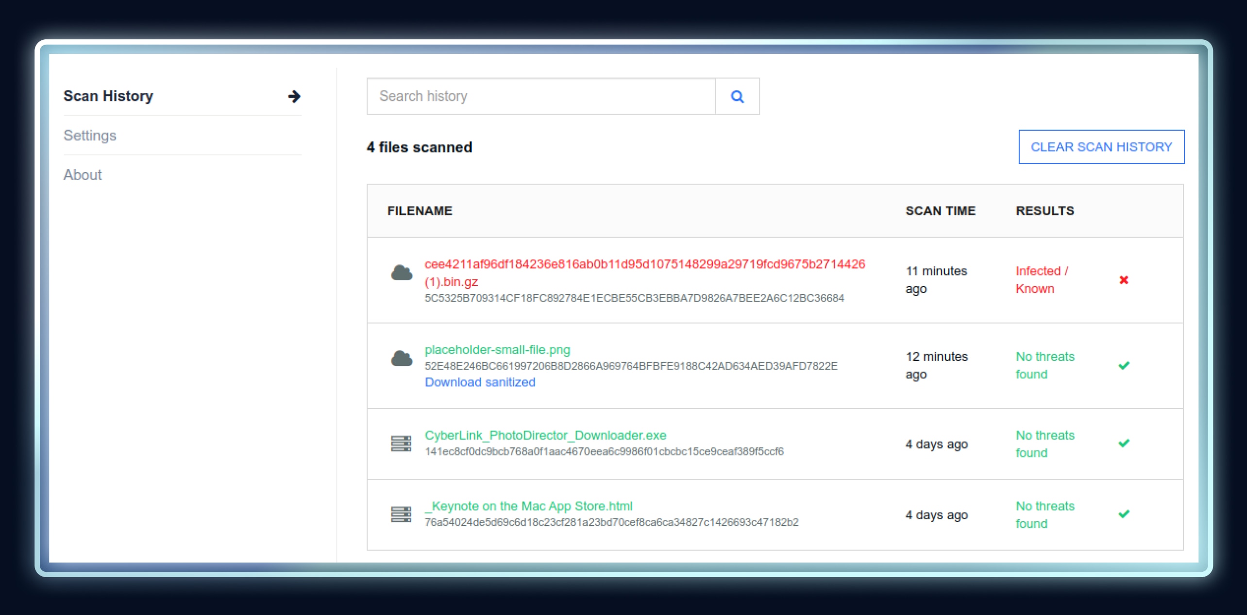 Scan History (Lịch sử quét) - Giao diện người dùng của OPSWAT File Security for Browser