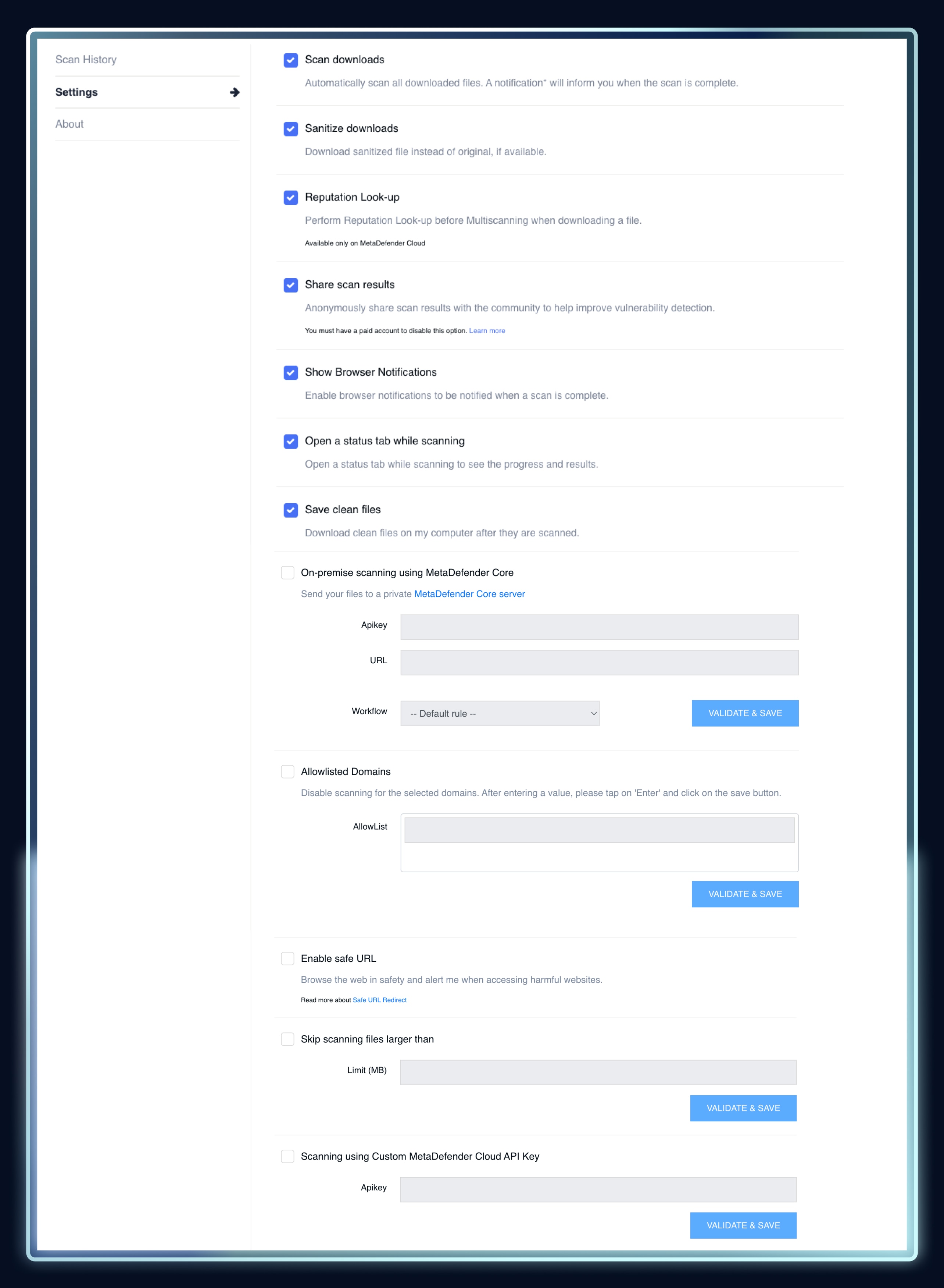 Settings (Cài đặt) - Giao diện người dùng của OPSWAT File Security for Browser